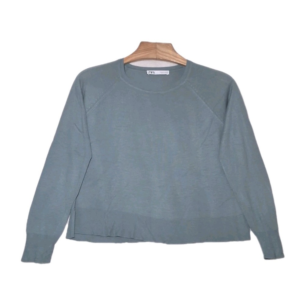 Zara Lightweight Round Neck Calm Green Sweater Boxy Pullover Size Small Raglan